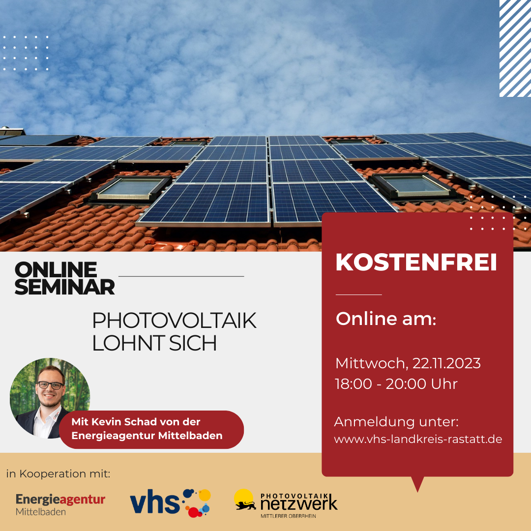 Photovoltaik lohnt sich – online in Kooperation mit der Energieagentur Mittelbaden und dem PV-Netzwerk Mittlerer Oberrhein